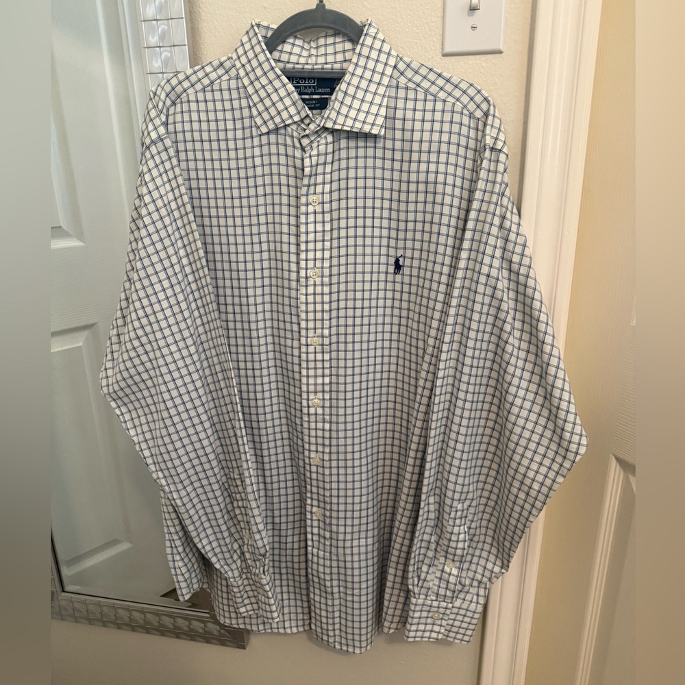 Polo by Ralph Lauren White and Blue Windowpane Dress Shirt - XL